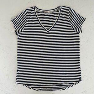 Monk & Lou SS V Neck Striped T Shirt Top Cotton Spandex Blue Wht Sz M/L